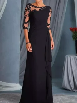 Mother Dress Of The Bride Jewel Neck 3/4 Length Sleeves Sheath Pleated Bodycon Long Wedding Guest Dresses Free Customization