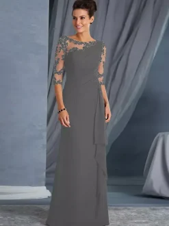 Mother Dress Of The Bride Jewel Neck 3/4 Length Sleeves Sheath Pleated Bodycon Long Wedding Guest Dresses Free Customization