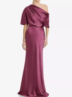 Mother Dress One-Shoulder Short Sleeves Mermaid Pleated Floor-Length Wedding Guest Dresses