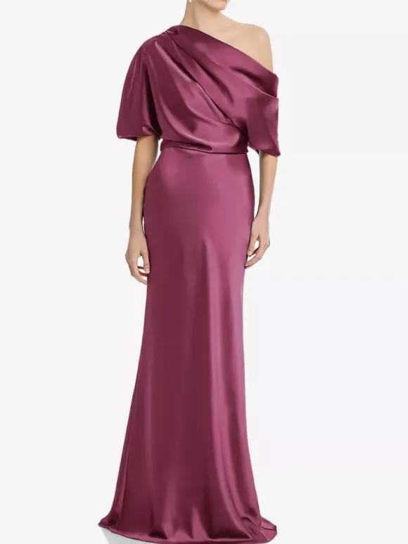 Mother Dress One-Shoulder Short Sleeves Mermaid Pleated Floor-Length Wedding Guest Dresses