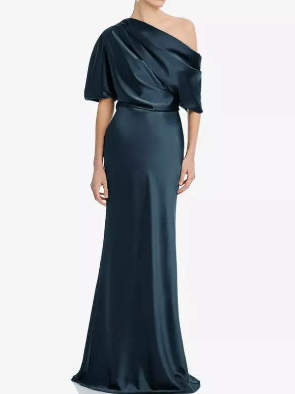 Mother Dress One-Shoulder Short Sleeves Mermaid Pleated Floor-Length Wedding Guest Dresses