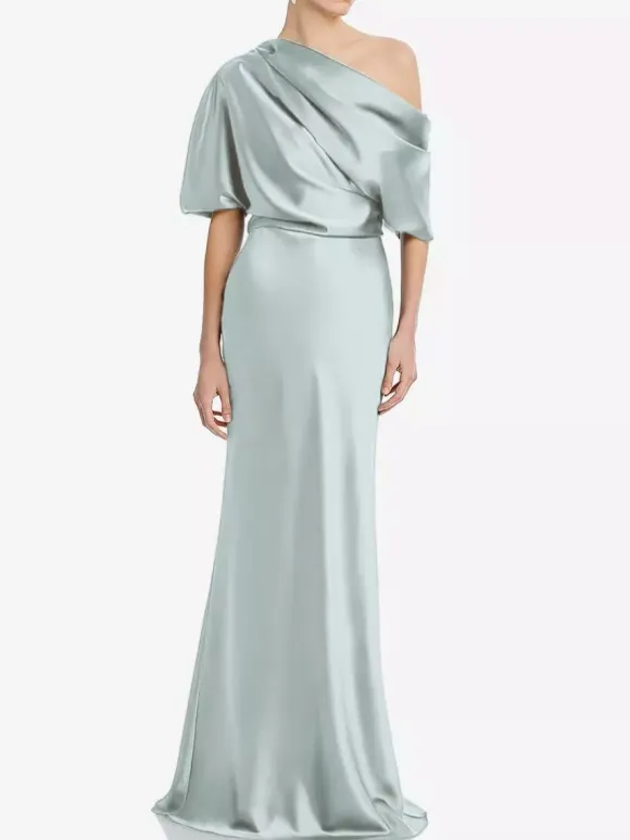 Mother Dress One-Shoulder Short Sleeves Mermaid Pleated Floor-Length Wedding Guest Dresses