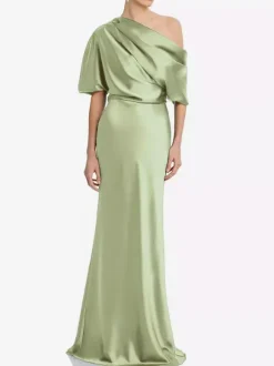 Mother Dress One-Shoulder Short Sleeves Mermaid Pleated Floor-Length Wedding Guest Dresses