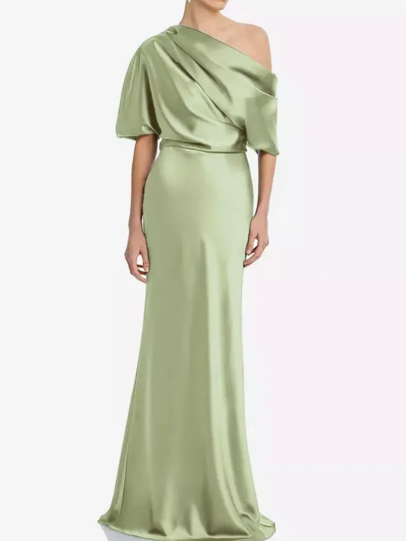 Mother Dress One-Shoulder Short Sleeves Mermaid Pleated Floor-Length Wedding Guest Dresses