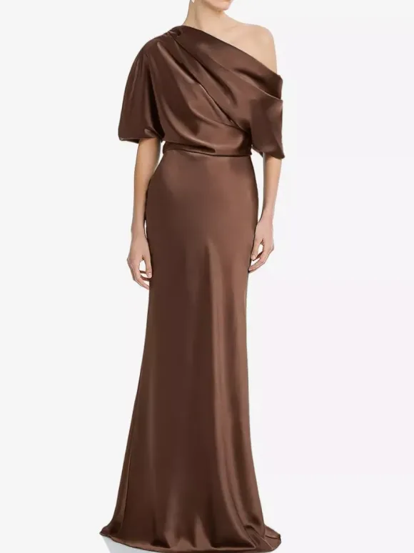 Mother Dress One-Shoulder Short Sleeves Mermaid Pleated Floor-Length Wedding Guest Dresses