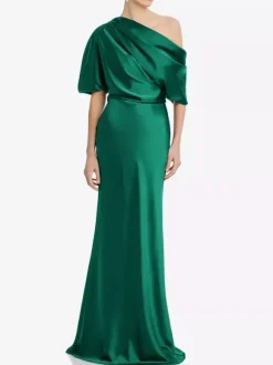 Mother Dress One-Shoulder Short Sleeves Mermaid Pleated Floor-Length Wedding Guest Dresses