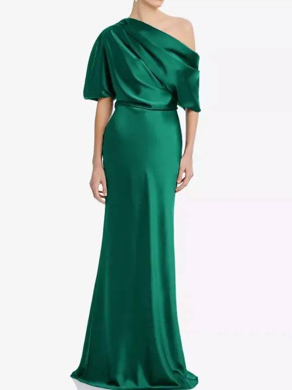 Mother Dress One-Shoulder Short Sleeves Mermaid Pleated Floor-Length Wedding Guest Dresses