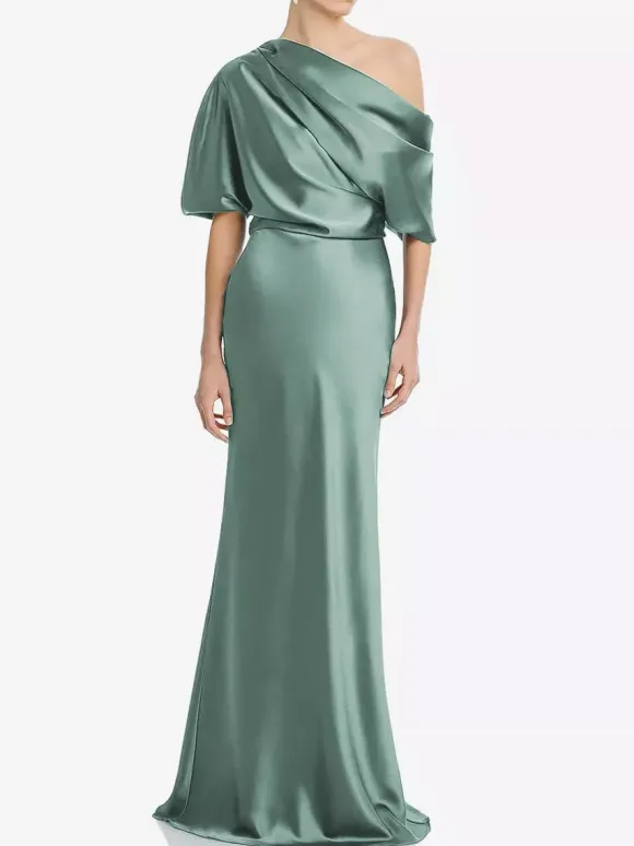 Mother Dress One-Shoulder Short Sleeves Mermaid Pleated Floor-Length Wedding Guest Dresses
