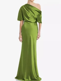 Mother Dress One-Shoulder Short Sleeves Mermaid Pleated Floor-Length Wedding Guest Dresses