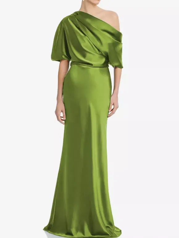 Mother Dress One-Shoulder Short Sleeves Mermaid Pleated Floor-Length Wedding Guest Dresses