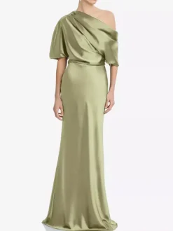 Mother Dress One-Shoulder Short Sleeves Mermaid Pleated Floor-Length Wedding Guest Dresses