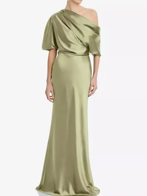 Mother Dress One-Shoulder Short Sleeves Mermaid Pleated Floor-Length Wedding Guest Dresses