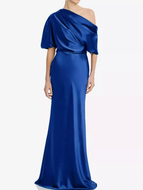 Mother Dress One-Shoulder Short Sleeves Mermaid Pleated Floor-Length Wedding Guest Dresses