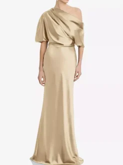 Mother Dress One-Shoulder Short Sleeves Mermaid Pleated Floor-Length Wedding Guest Dresses