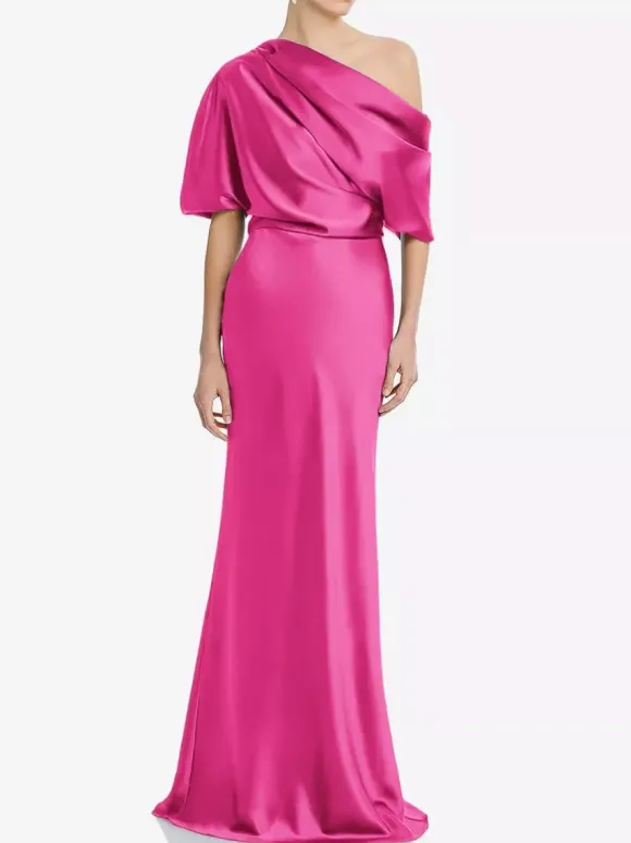 Mother Dress One-Shoulder Short Sleeves Mermaid Pleated Floor-Length Wedding Guest Dresses