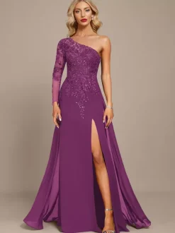 Mother Dress One-Shoulder Long Sleeves Ball Gown Sequins Guest Dresses For Wedding