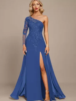 Mother Dress One-Shoulder Long Sleeves Ball Gown Sequins Guest Dresses For Wedding