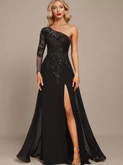 Mother Dress One-Shoulder Long Sleeves Ball Gown Sequins Guest Dresses For Wedding