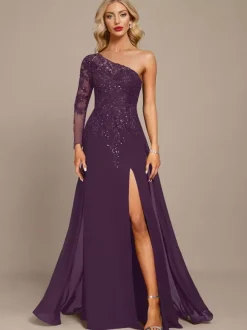 Mother Dress One-Shoulder Long Sleeves Ball Gown Sequins Guest Dresses For Wedding