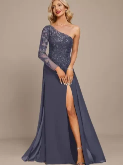 Mother Dress One-Shoulder Long Sleeves Ball Gown Sequins Guest Dresses For Wedding