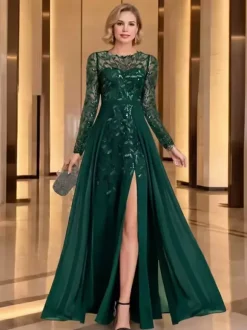 Mother Dress Party Dress Jewel Neck Long Sleeves A-Line Sequins Wedding Guest Dresses