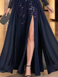 Mother Dress Party Dress Jewel Neck Long Sleeves A-Line Sequins Wedding Guest Dresses