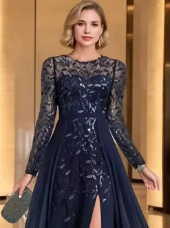 Mother Dress Party Dress Jewel Neck Long Sleeves A-Line Sequins Wedding Guest Dresses