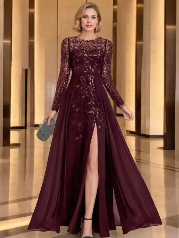 Mother Dress Party Dress Jewel Neck Long Sleeves A-Line Sequins Wedding Guest Dresses