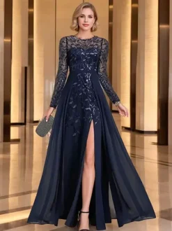 Mother Dress Party Dress Jewel Neck Long Sleeves A-Line Sequins Wedding Guest Dresses