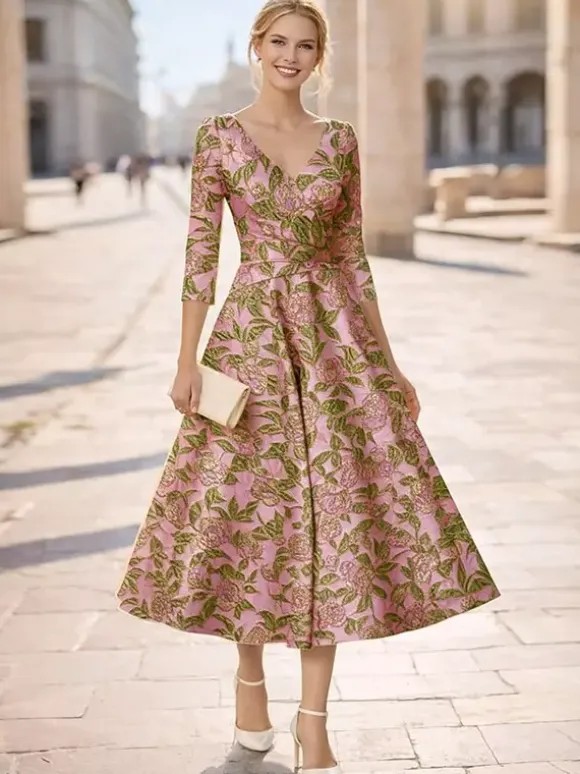 Mother Dress V-Neck 3/4 Length Sleeves A-Line Pleated Guest Dresses For Wedding