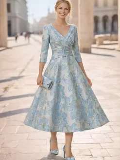 Mother Dress V-Neck 3/4 Length Sleeves A-Line Pleated Guest Dresses For Wedding