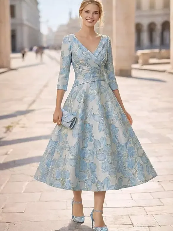 Mother Dress V-Neck 3/4 Length Sleeves A-Line Pleated Guest Dresses For Wedding