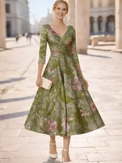 Mother Dress V-Neck 3/4 Length Sleeves A-Line Pleated Guest Dresses For Wedding
