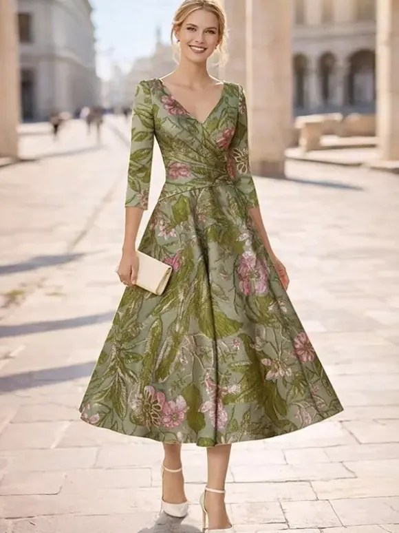 Mother Dress V-Neck 3/4 Length Sleeves A-Line Pleated Guest Dresses For Wedding