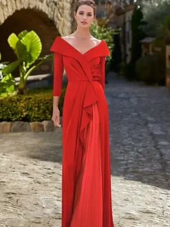 Mother Dress V-Neck 3/4 Length Sleeves A-Line Pleated Guest Dresses For Wedding