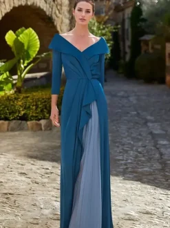 Mother Dress V-Neck 3/4 Length Sleeves A-Line Pleated Guest Dresses For Wedding