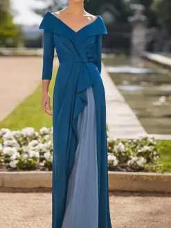 Mother Dress V-Neck 3/4 Length Sleeves A-Line Pleated Guest Dresses For Wedding