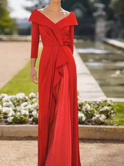 Mother Dress V-Neck 3/4 Length Sleeves A-Line Pleated Guest Dresses For Wedding