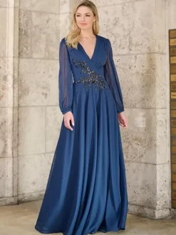 Mother Dress V-Neck Long Sleeves A-Line Applique Floor-Length Wedding Guest Dresses