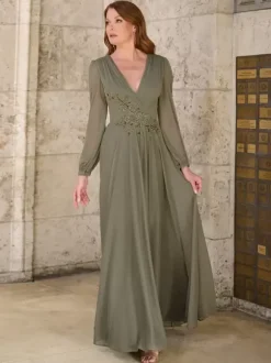 Mother Dress V-Neck Long Sleeves A-Line Applique Floor-Length Wedding Guest Dresses