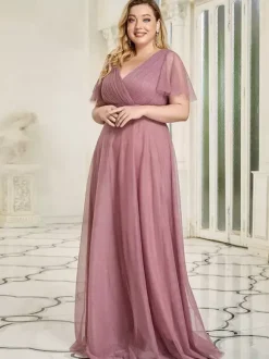 Mother Dress V-Neck Short Sleeves A-Line Pleated Wedding Guest Dresses