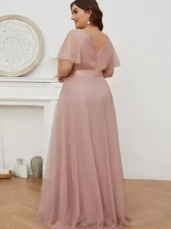 Mother Dress V-Neck Short Sleeves A-Line Pleated Wedding Guest Dresses