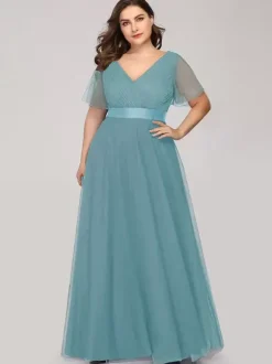 Mother Dress V-Neck Short Sleeves A-Line Pleated Wedding Guest Dresses