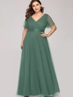 Mother Dress V-Neck Short Sleeves A-Line Pleated Wedding Guest Dresses