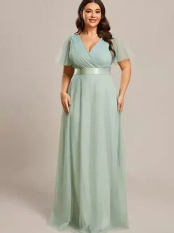 Mother Dress V-Neck Short Sleeves A-Line Pleated Wedding Guest Dresses