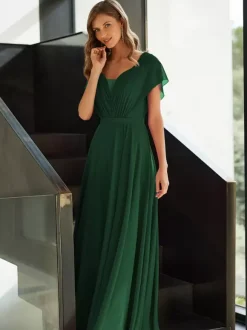 Mother Dress V-Neck Short Sleeves A-Line Pleated Guest Dresses For Wedding