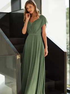 Mother Dress V-Neck Short Sleeves A-Line Pleated Guest Dresses For Wedding