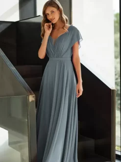 Mother Dress V-Neck Short Sleeves A-Line Pleated Guest Dresses For Wedding