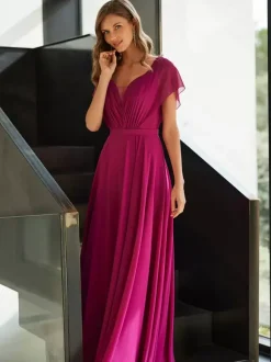 Mother Dress V-Neck Short Sleeves A-Line Pleated Guest Dresses For Wedding
