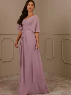 Mother Dress V-Neck Short Sleeves A-Line Pleated Wedding Guest Dresses